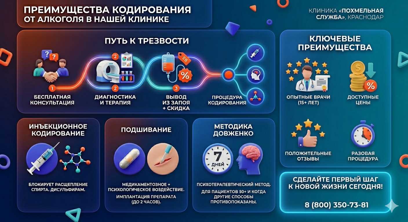 Инфографика о методах кодирования от алкоголя в Лермонтово: инъекции, подшивание, метод Довженко. Преимущества клиники и этапы лечения.