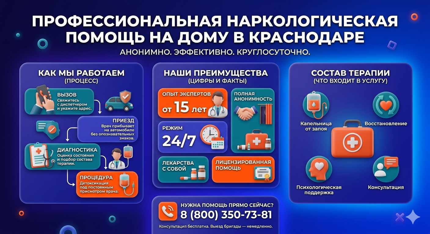 Инфографика о принципах лечения алкоголизма на дому в Лермонтово: этапы вызова нарколога, преимущества анонимной детоксикации и состав медицинской помощи.